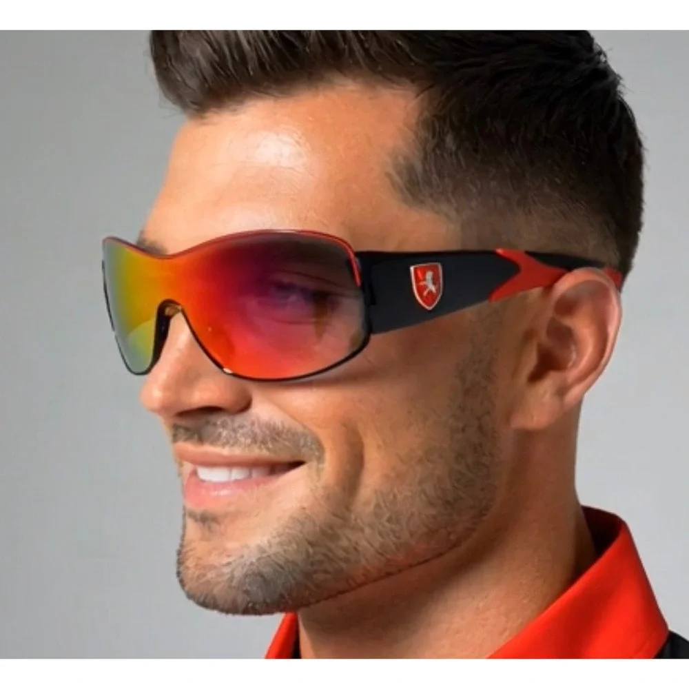 Mens Sport Wrap Sunglasses Black‎ Red Shield Red Mirror Lens Fashion Performance